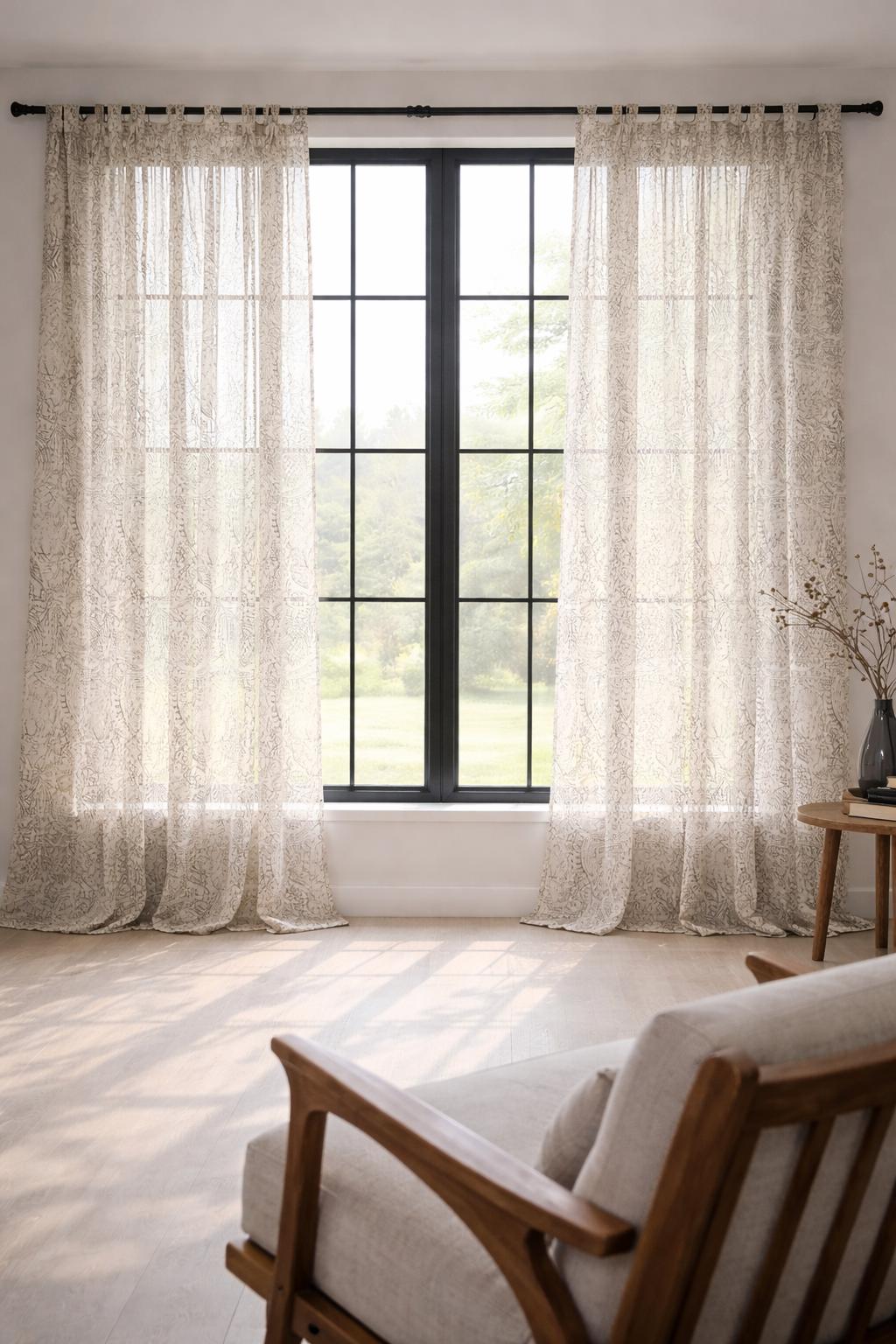 Extra Wide Boho Curtain Panel 52 Wide, Faded Black and Taupe white Rayon Curtain, Soft Light Window Treatment, Neutral Shabby Chic Decor