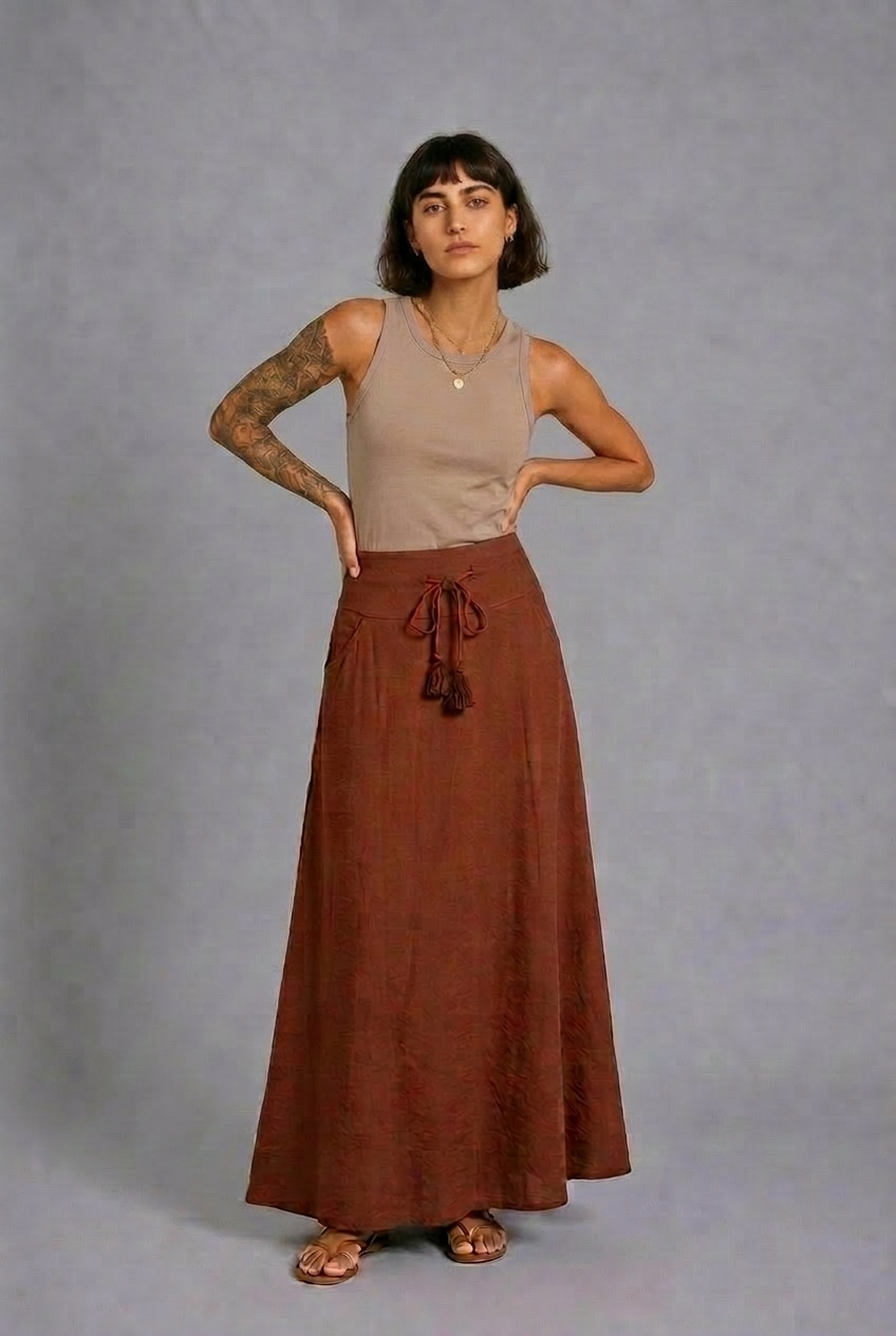 CLRS Woman - Lycra Satin Maxi Skirt - Fluid High Waist Skirt with POCKETS