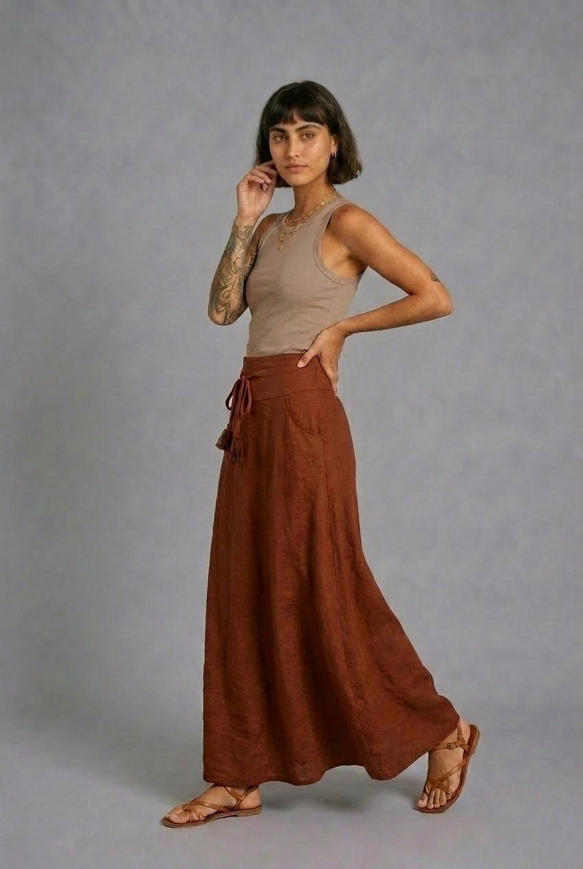 CLRS Woman - Lycra Satin Maxi Skirt - Fluid High Waist Skirt with POCKETS