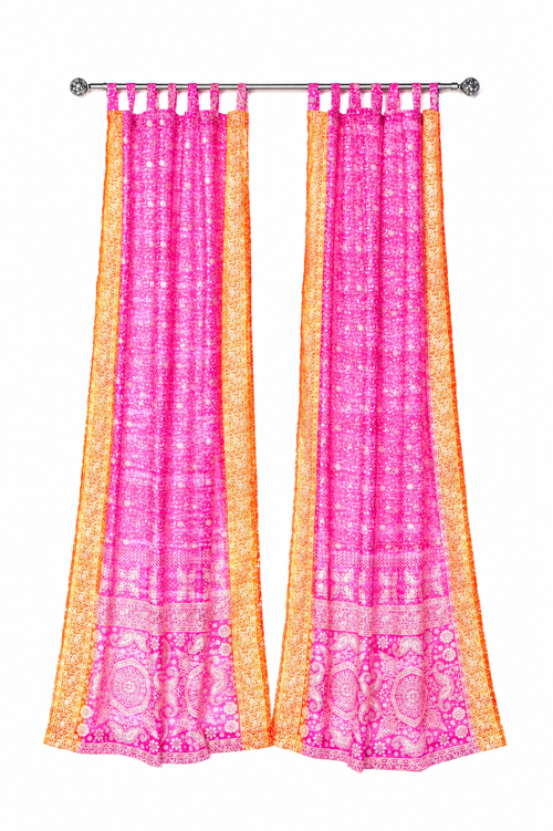 Boho Curtains Light-Filtering Sari Curtains 84"/96"L, Bed Canopy, Backdrop Fuschia Rust Window Treatment For Living/Bedroom