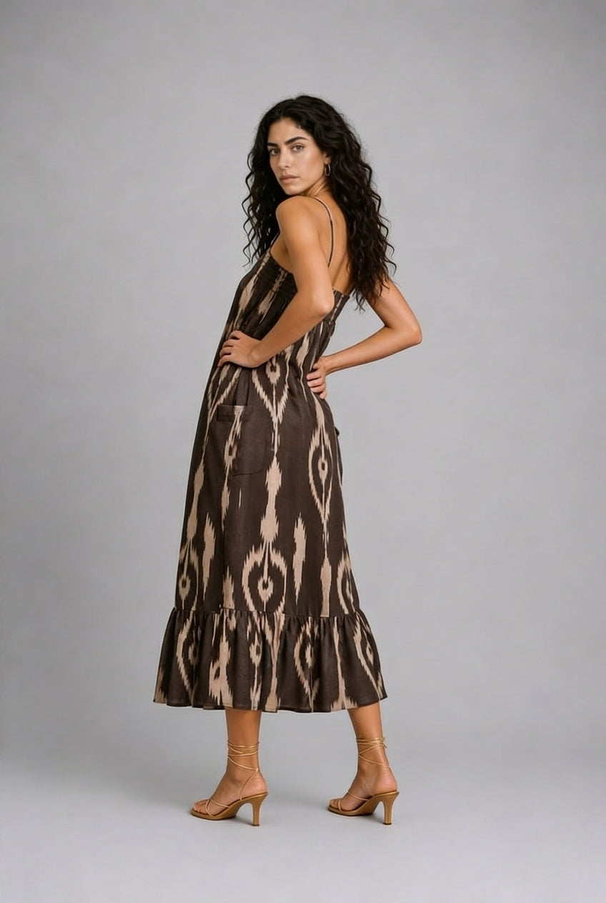 CLRS Woman - Ikat Midi Dress - Relaxed Boho Slip Dress with Pockets