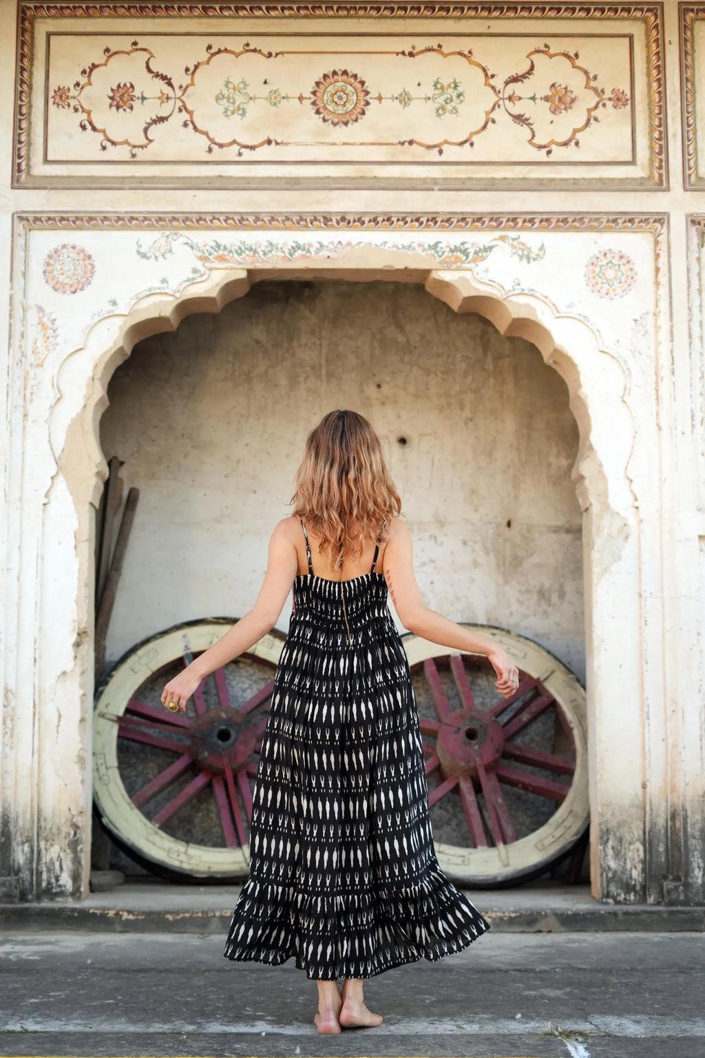 CLRS Woman - Black Ikat Patchwork Maxi Dress - Boho Tiered Sundress with Smocked Back