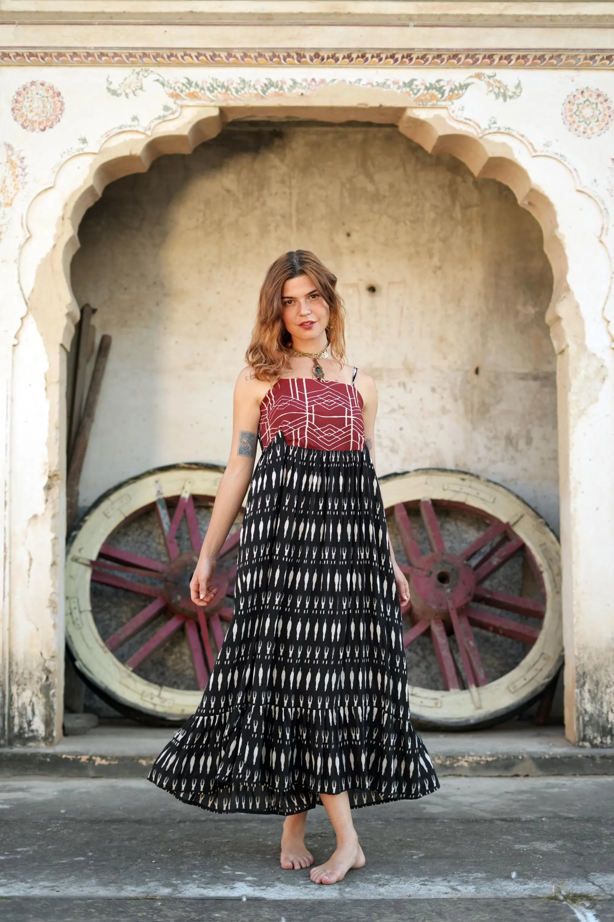CLRS Woman - Black Ikat Patchwork Maxi Dress - Boho Tiered Sundress with Smocked Back