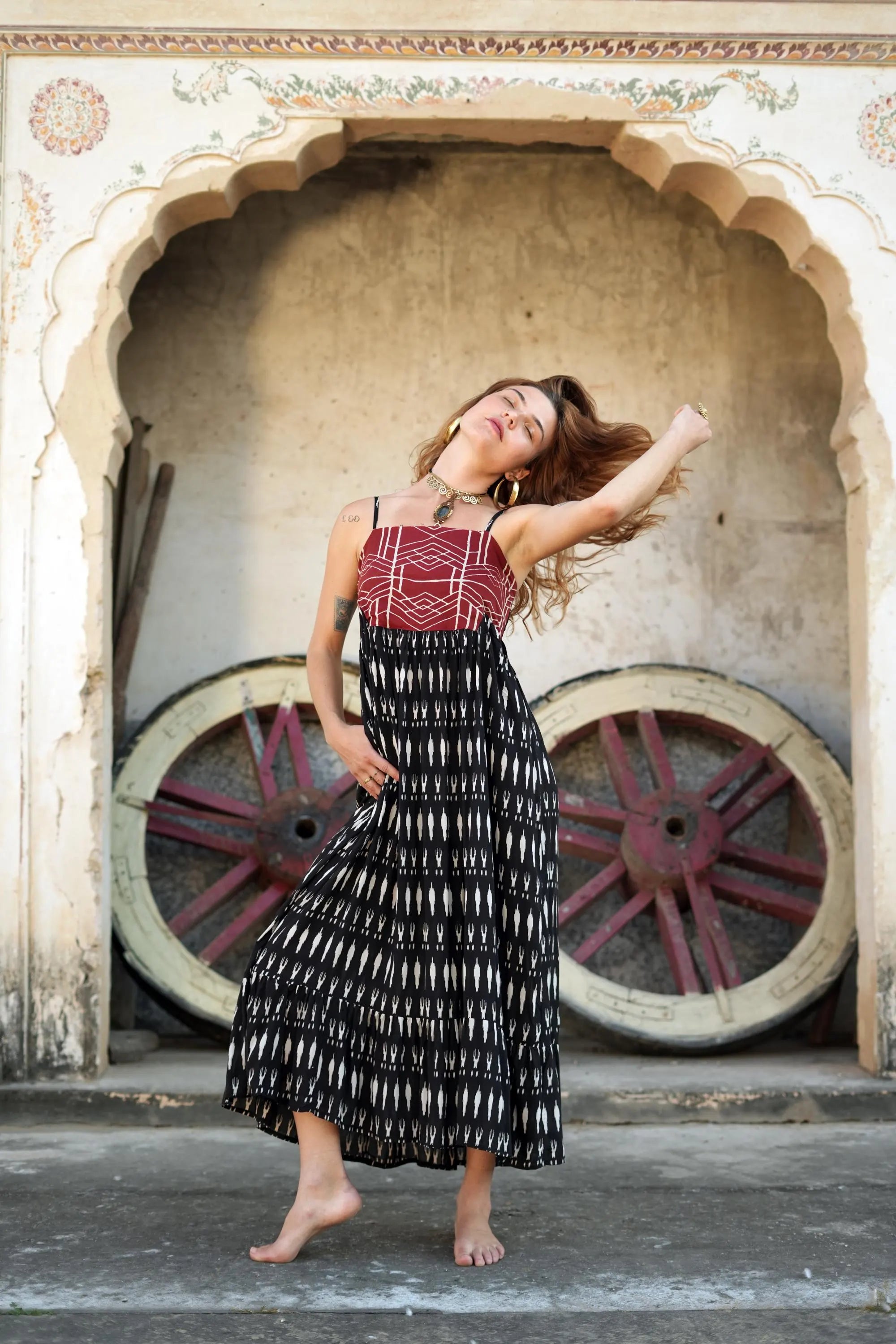 CLRS Woman - Black Ikat Patchwork Maxi Dress - Boho Tiered Sundress with Smocked Back