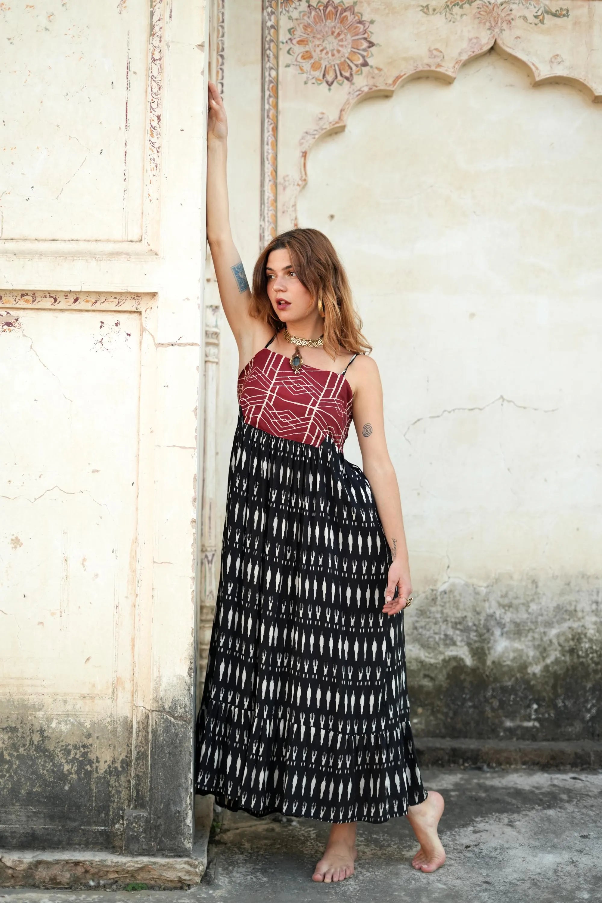 CLRS Woman - Black Ikat Patchwork Maxi Dress - Boho Tiered Sundress with Smocked Back