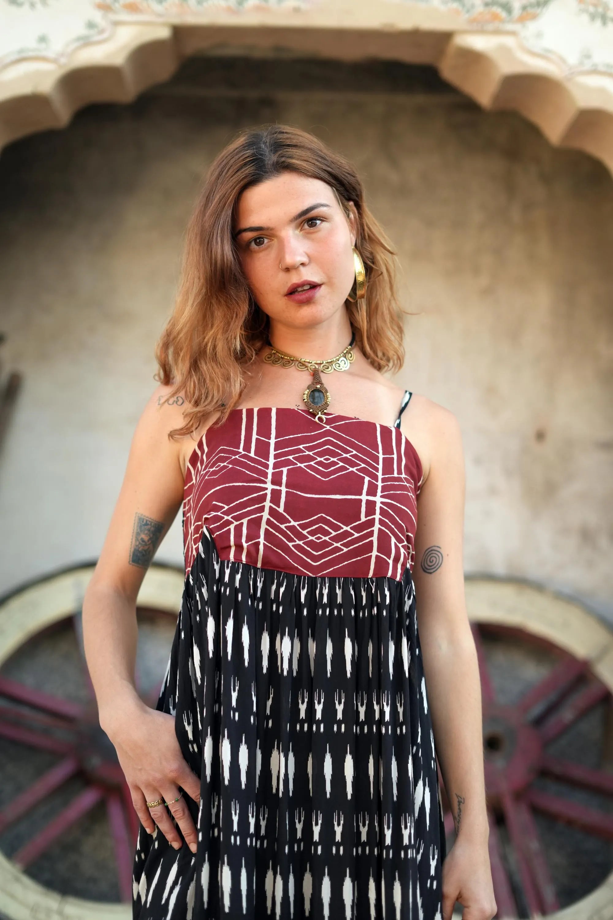 CLRS Woman - Black Ikat Patchwork Maxi Dress - Boho Tiered Sundress with Smocked Back