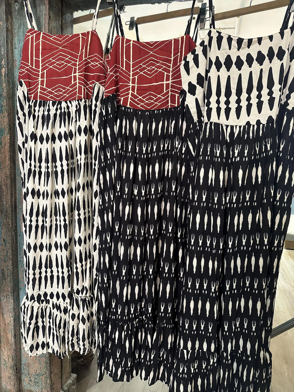 CLRS Woman - Black Ikat Patchwork Maxi Dress - Boho Tiered Sundress with Smocked Back
