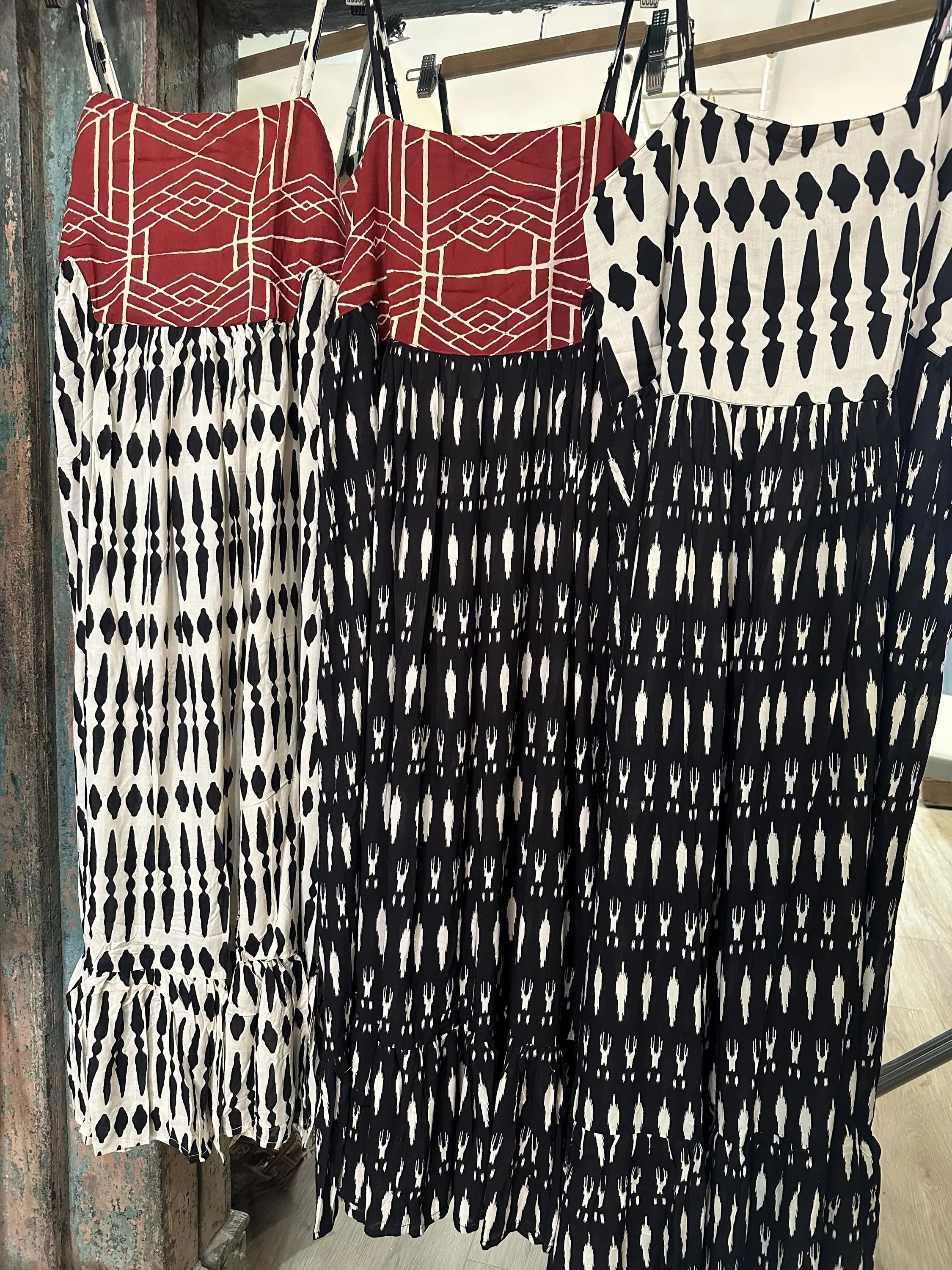 CLRS Woman - Black Ikat Patchwork Maxi Dress - Boho Tiered Sundress with Smocked Back