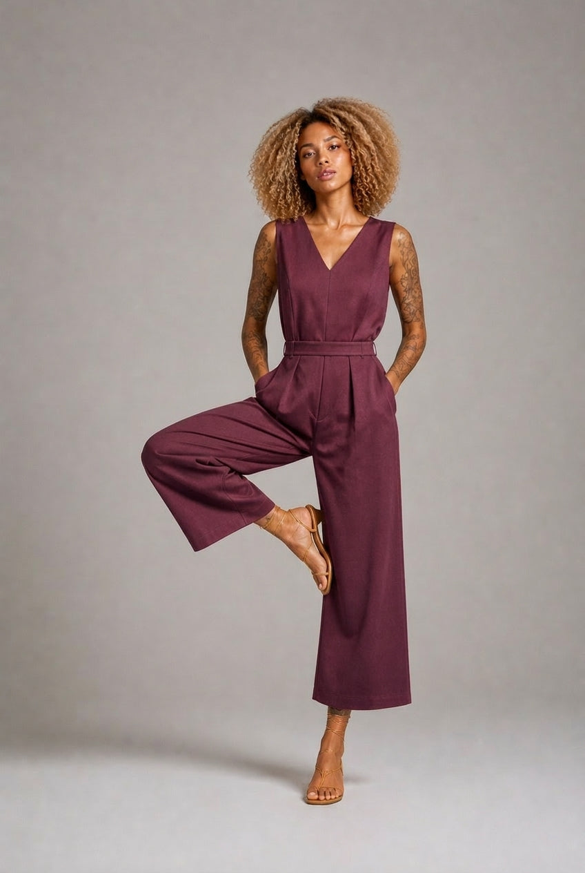CLRS Woman - Wide Leg Jumpsuit - Minimal Sleeveless Belted One Piece