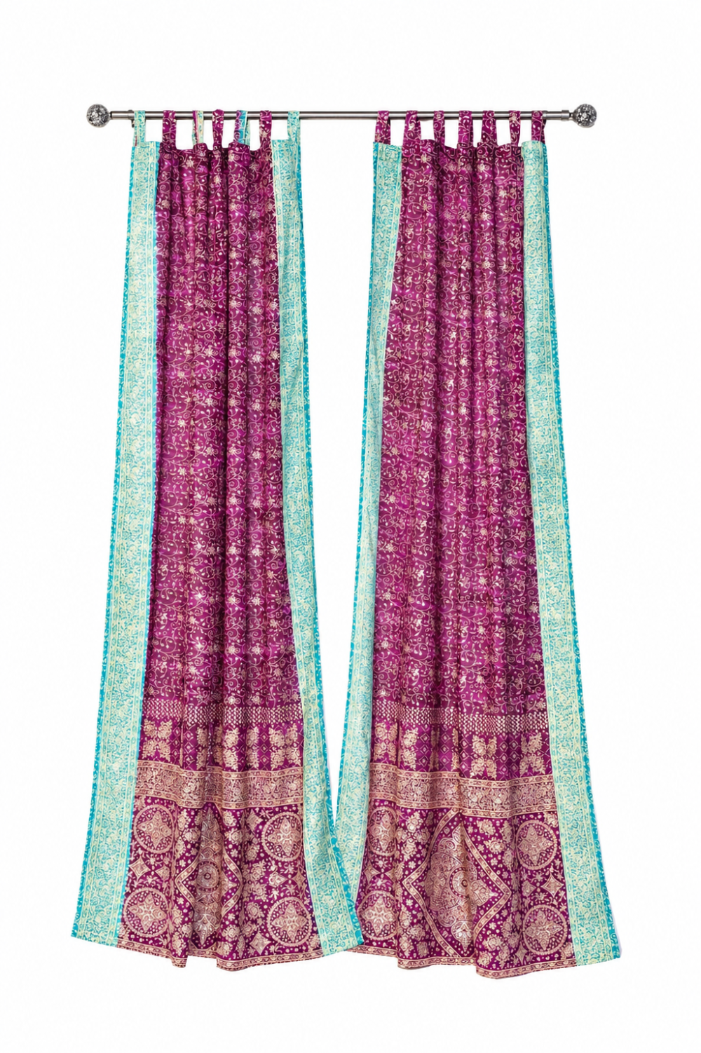 Sari Curtains, Magenta Aqua Light filtering , Block Print Boho Window Treatment