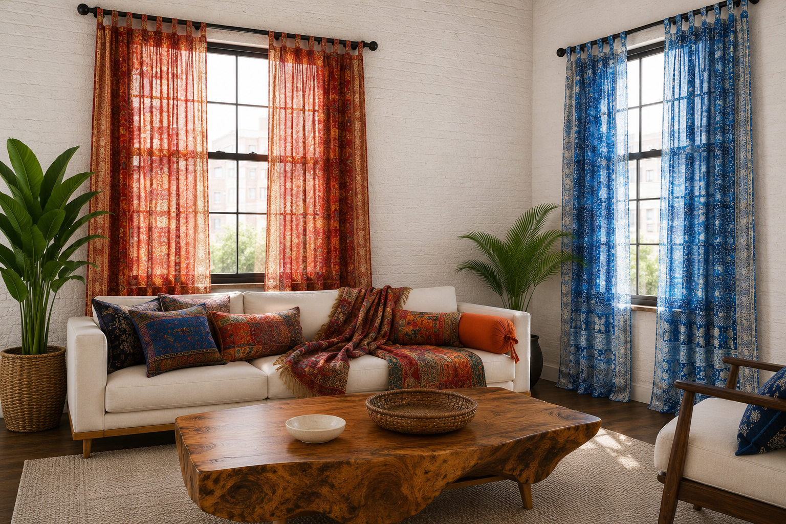 Mixing Colors Copper Indigo Sari Curtains Boho Light filtering Window Treatment 84"L sheer drapes