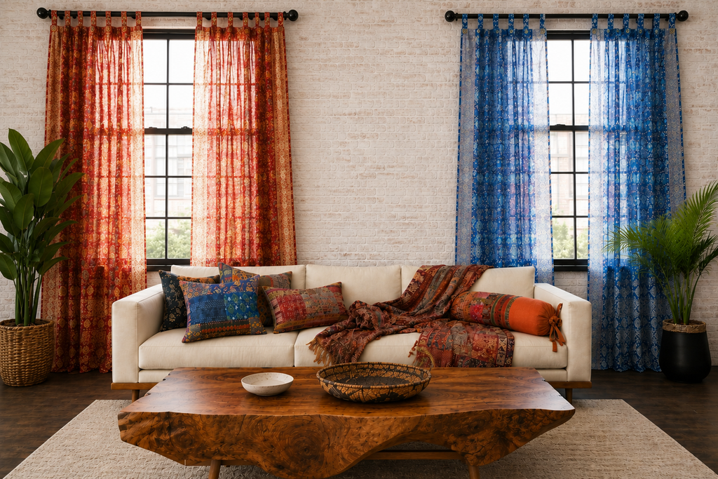 Mixing Colors Copper Indigo Sari Curtains Boho Light filtering Window Treatment 84"L sheer drapes