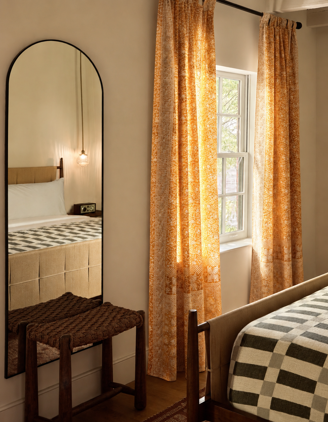 Amber Gold Sari Curtains, Block Print Sheer Drapes, Boho Window Treatment