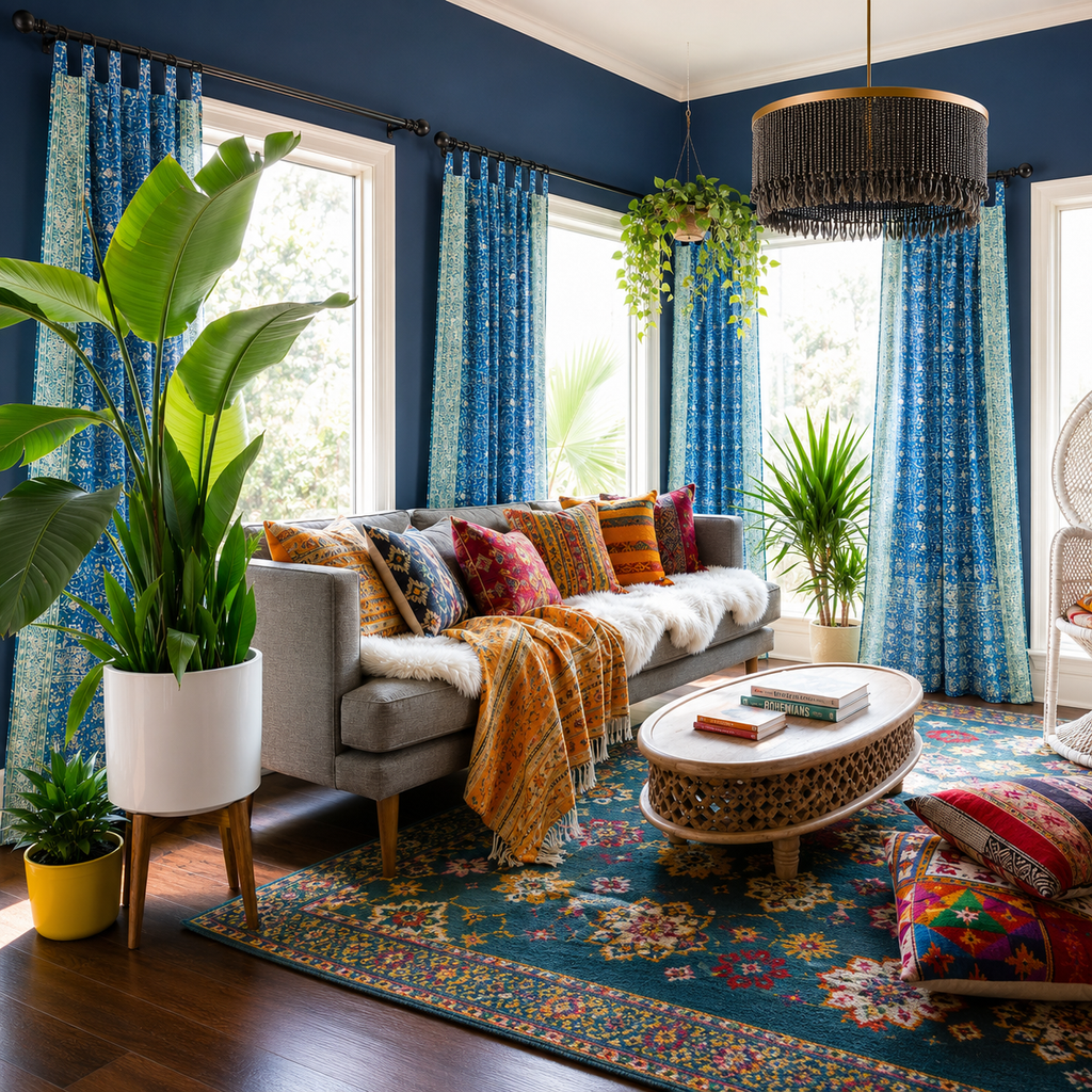 Block Print Sari Curtains, 84"/96"/108"L Boho Window Treatment- Turquoise Teal light filtering