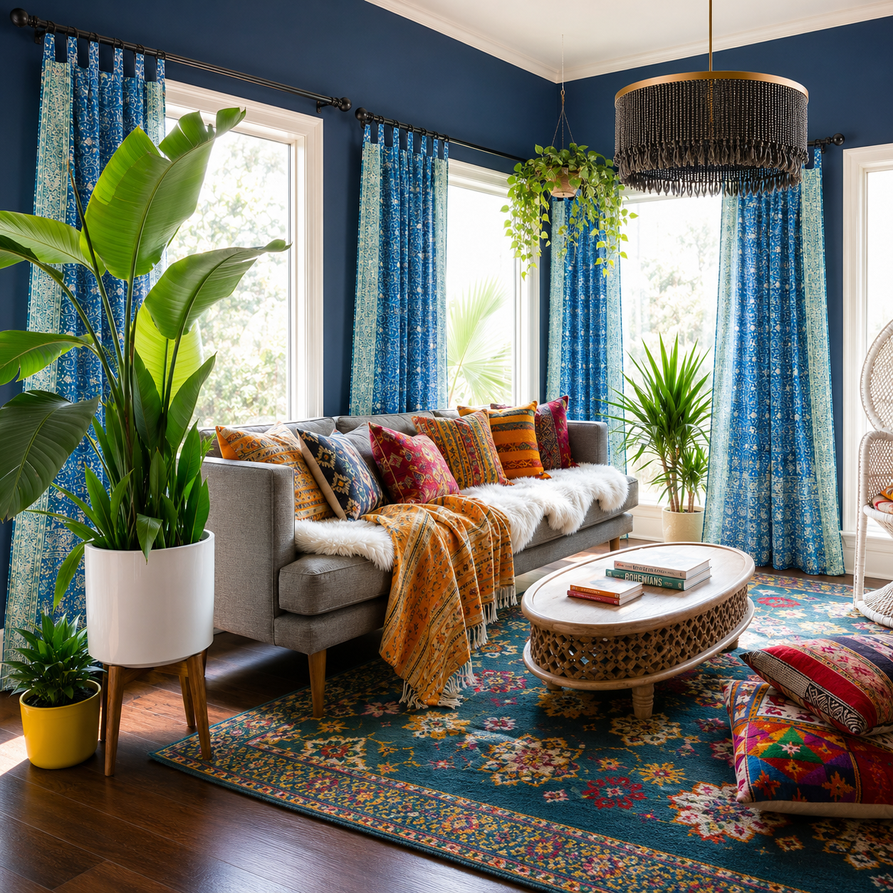 Block Print Sari Curtains, 84"/96"/108"L Boho Window Treatment- Turquoise Teal light filtering