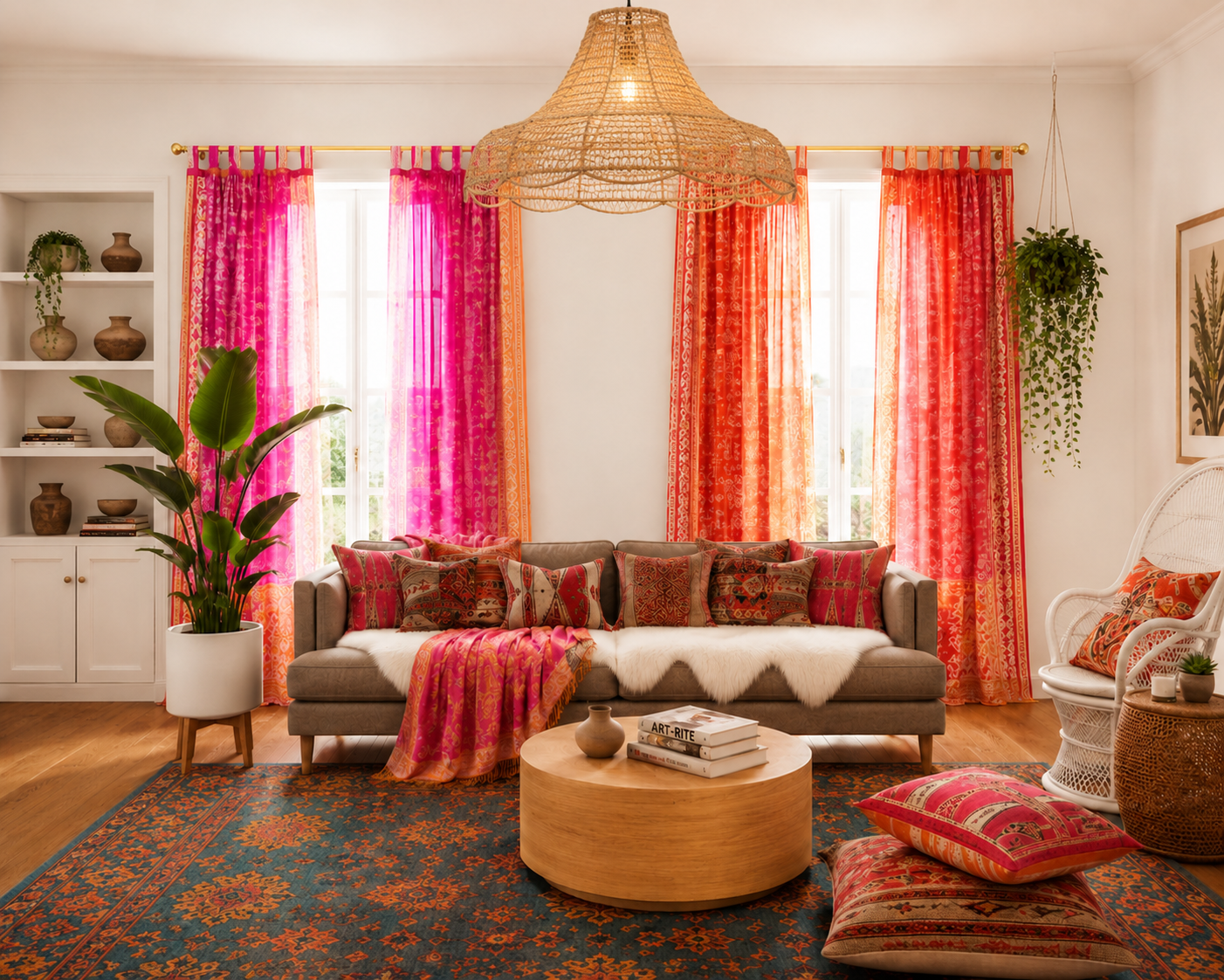 Mixing Fuchsia Orange Boho Curtains Light-Filtering Sari Curtains Window Treatment For Living/Bedroom