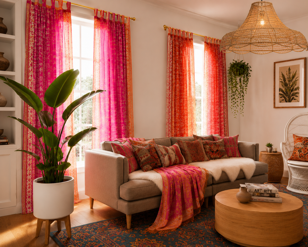 Mixing Fuchsia Orange Boho Curtains Light-Filtering Sari Curtains Window Treatment For Living/Bedroom