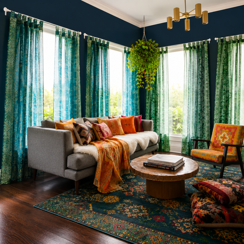 Mixing colors in one space, Pine Green and Teal Sari LINED panels, Curtains Light-Filtering, Boho Window Treatment