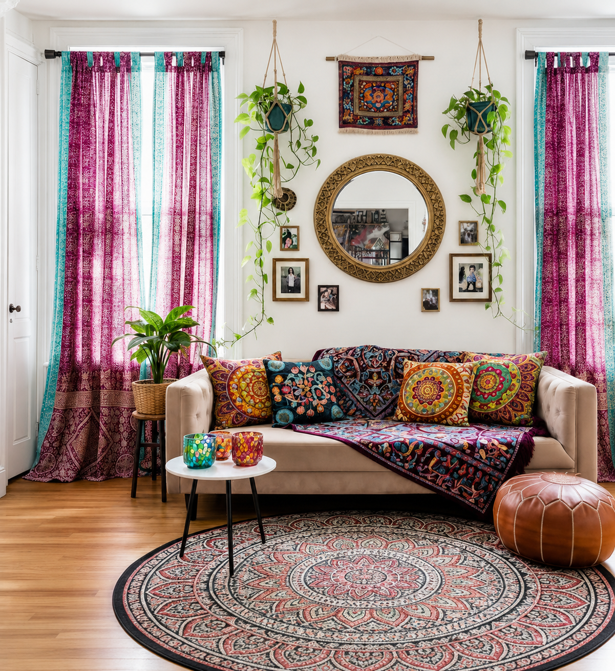 Boho Sari Curtains - Magenta Aqua Window Panels - Light Filtering Sheer Drapes - Colorful Bohemian Living Room Decor