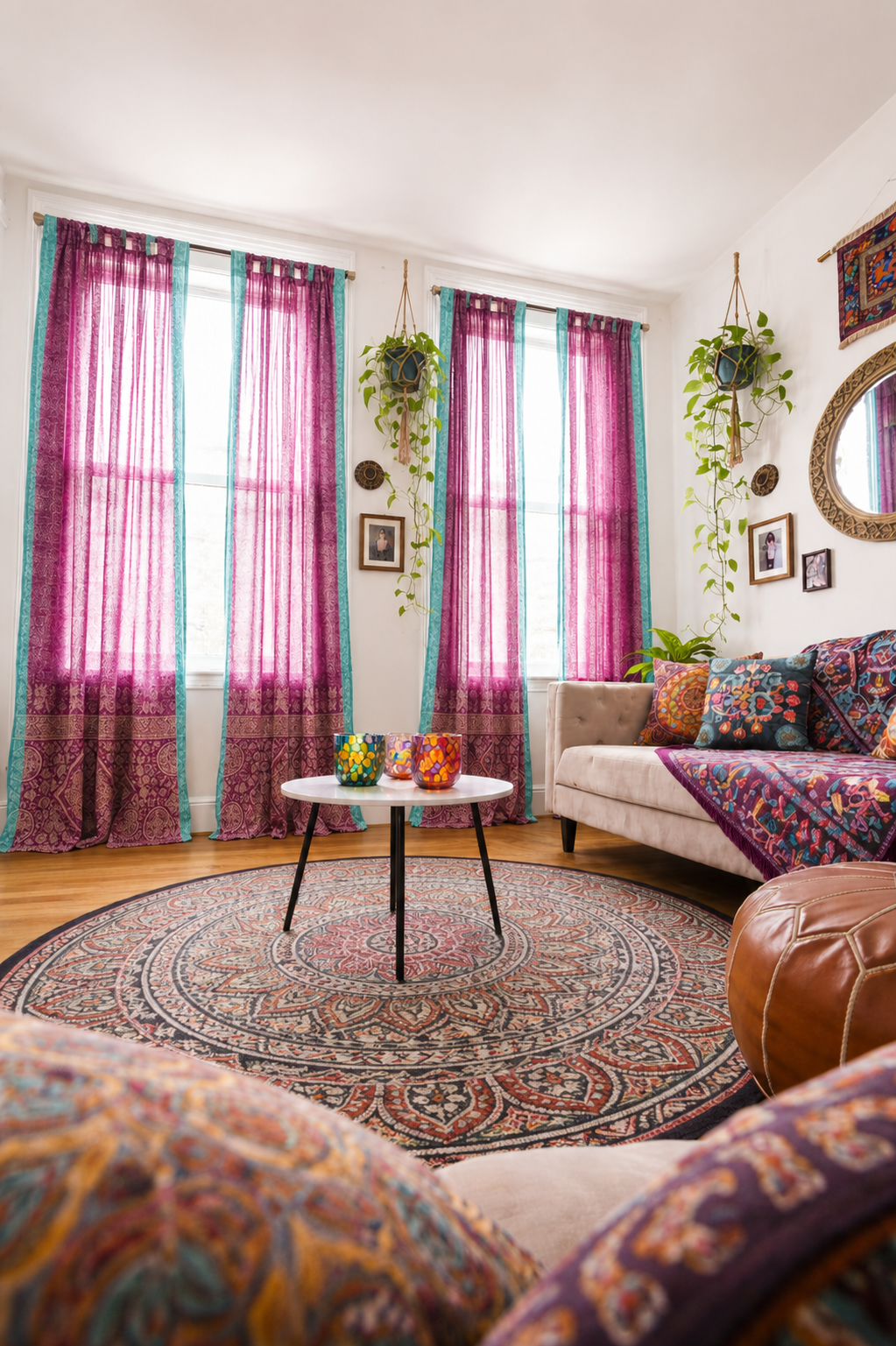Boho Sari Curtains - Magenta Aqua Window Panels - Light Filtering Sheer Drapes - Colorful Bohemian Living Room Decor
