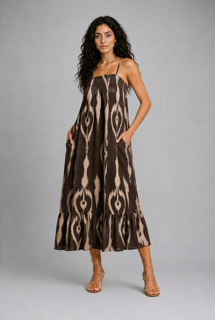 CLRS Woman - Ikat Midi Dress - Relaxed Boho Slip Dress with Pockets