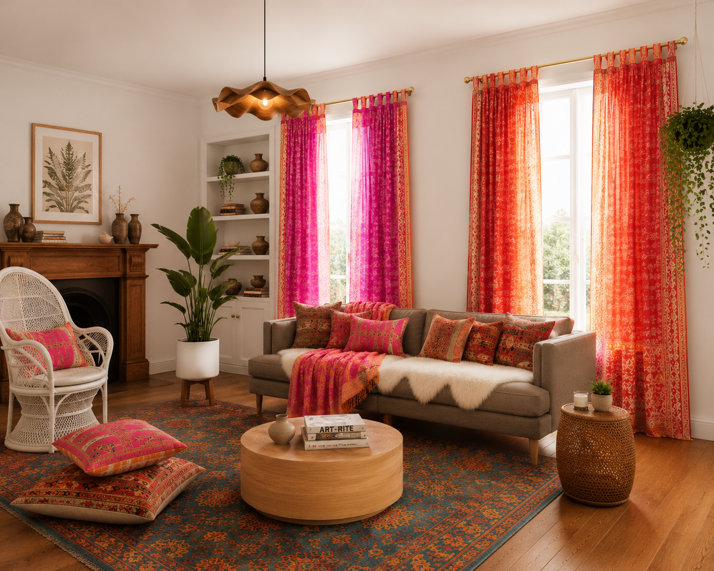 Mixing Fuchsia Orange Boho Curtains Light-Filtering Sari Curtains Window Treatment For Living/Bedroom
