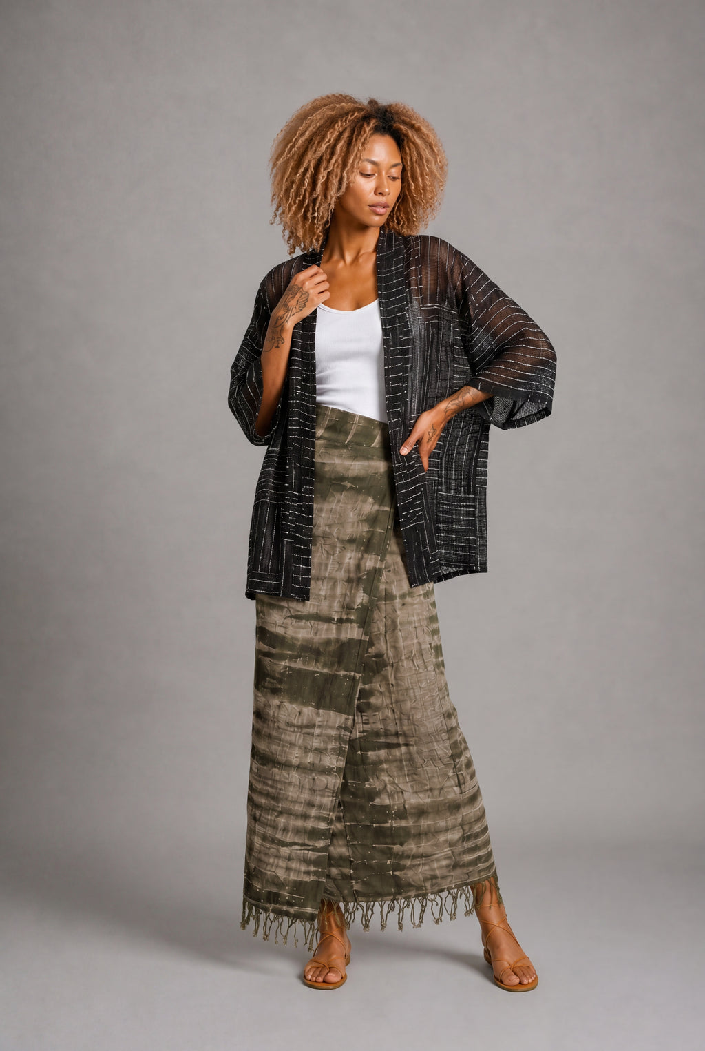 CLRS Woman - Hand Dyed Wrap Skirt with Fringe - High Waist Boho Maxi Skirt