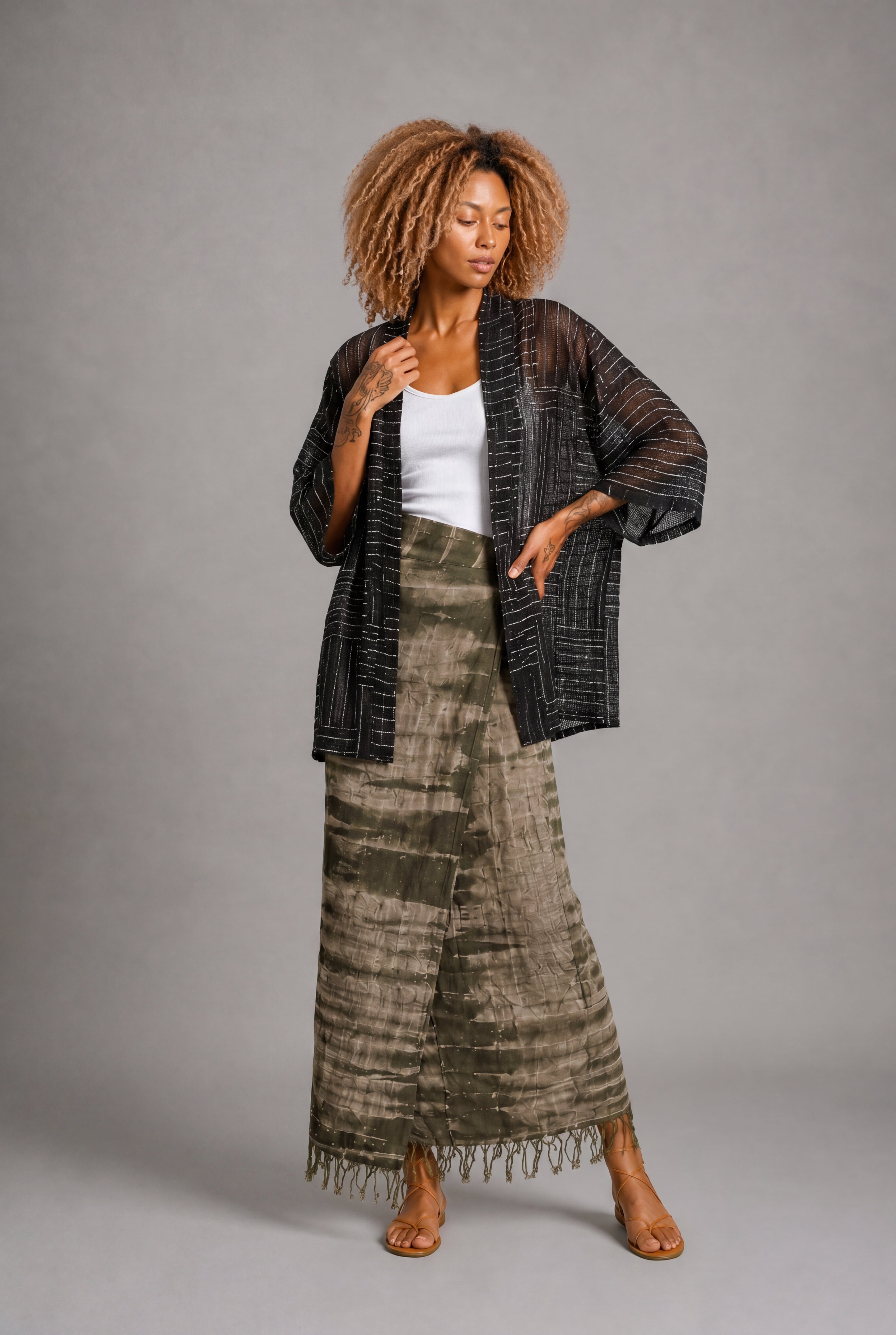 CLRS Woman - Hand Dyed Wrap Skirt with Fringe - High Waist Boho Maxi Skirt