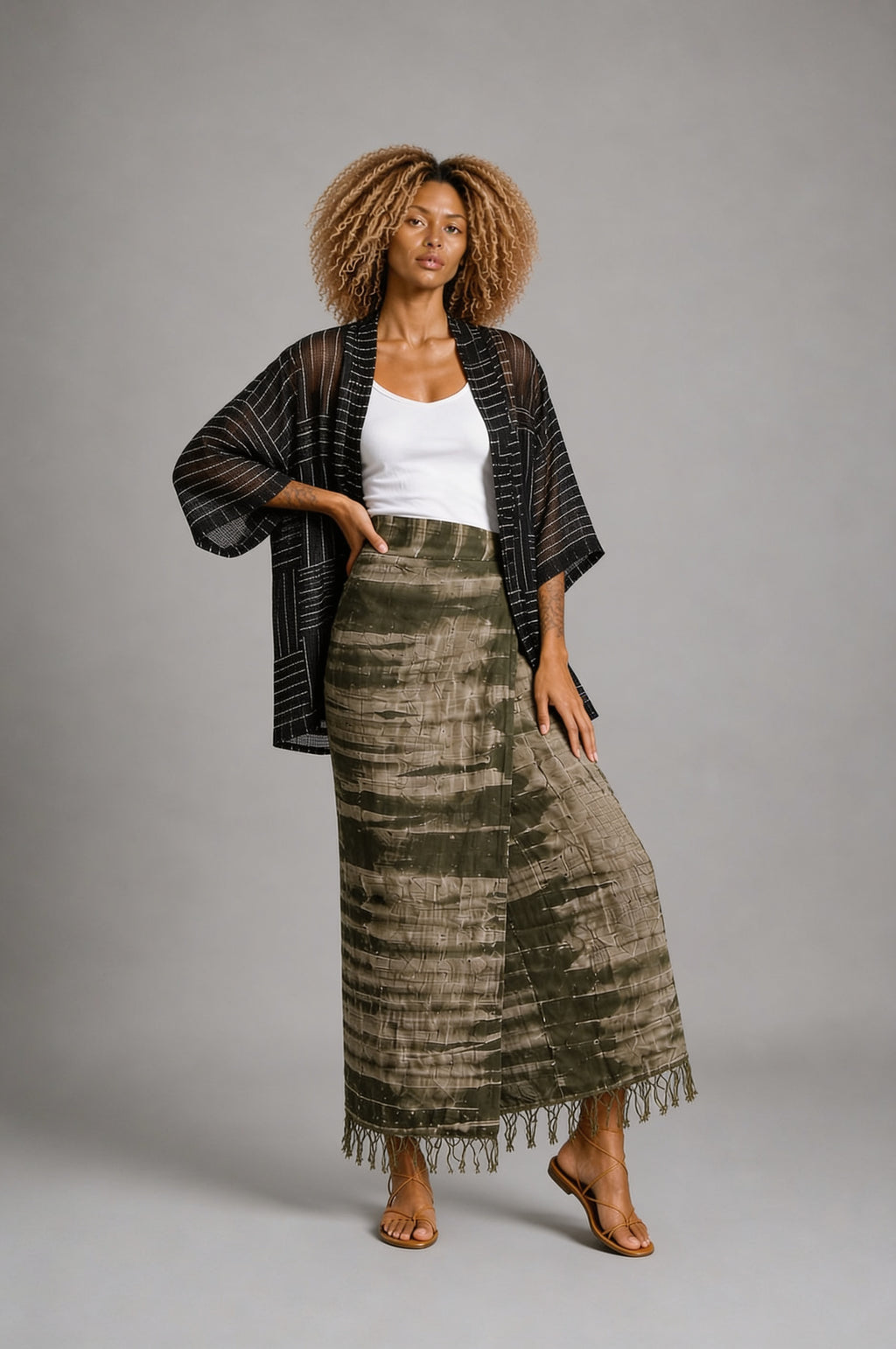 CLRS Woman - Sheer Block Print Kimono Jacket - Relaxed Mesh Layer