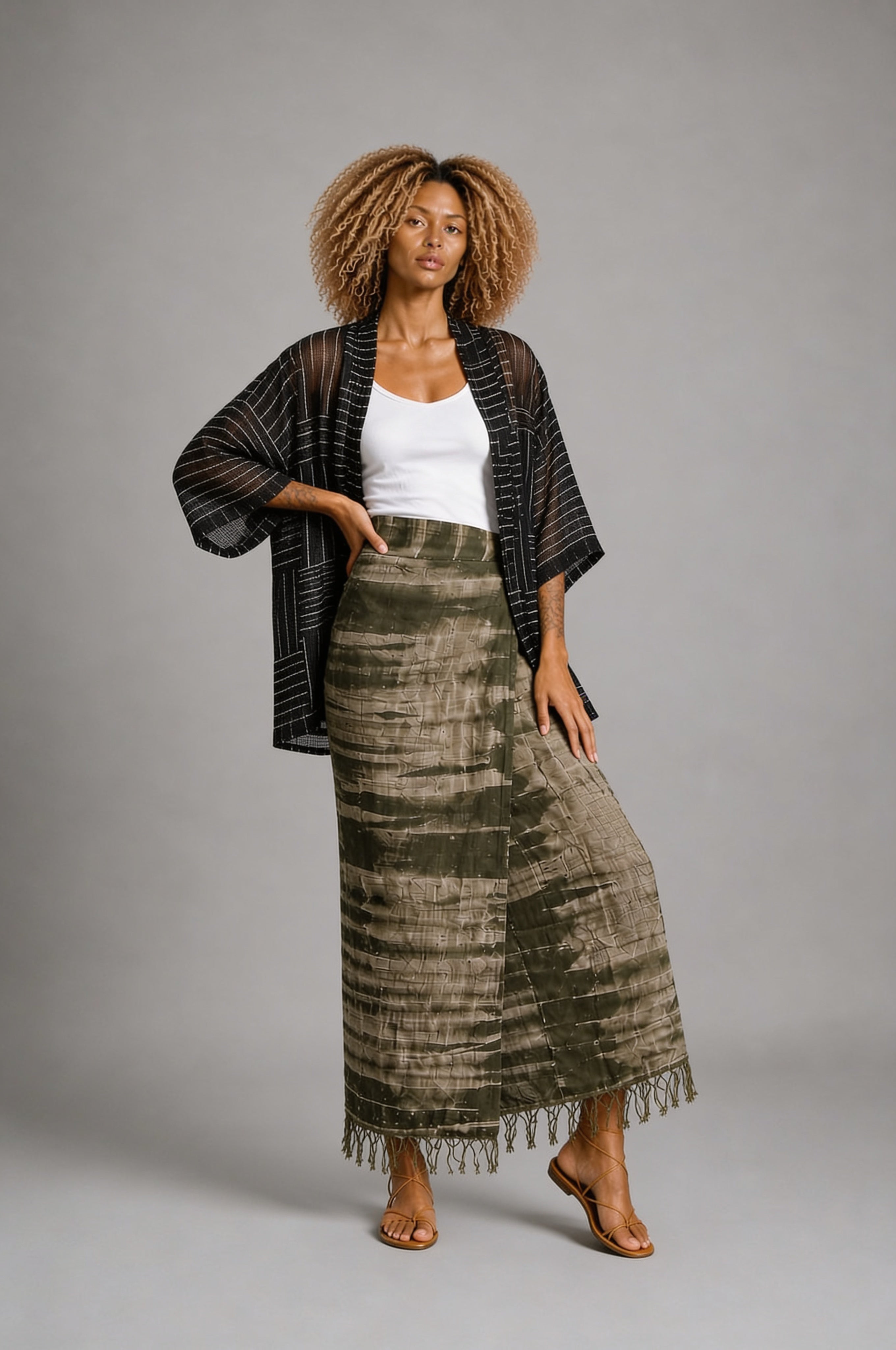 CLRS Woman - Sheer Block Print Kimono Jacket - Relaxed Mesh Layer