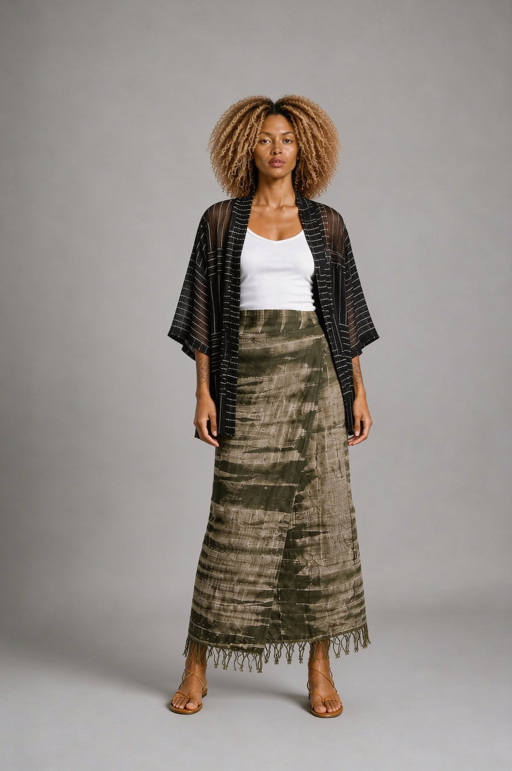 CLRS Woman - Hand Dyed Wrap Skirt with Fringe - High Waist Boho Maxi Skirt