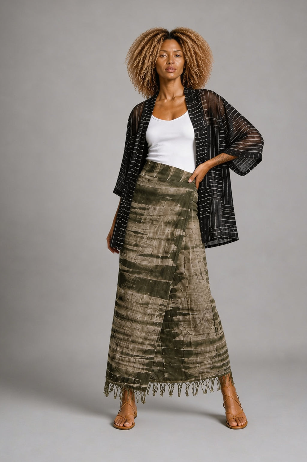 CLRS Woman - Hand Dyed Wrap Skirt with Fringe - High Waist Boho Maxi Skirt