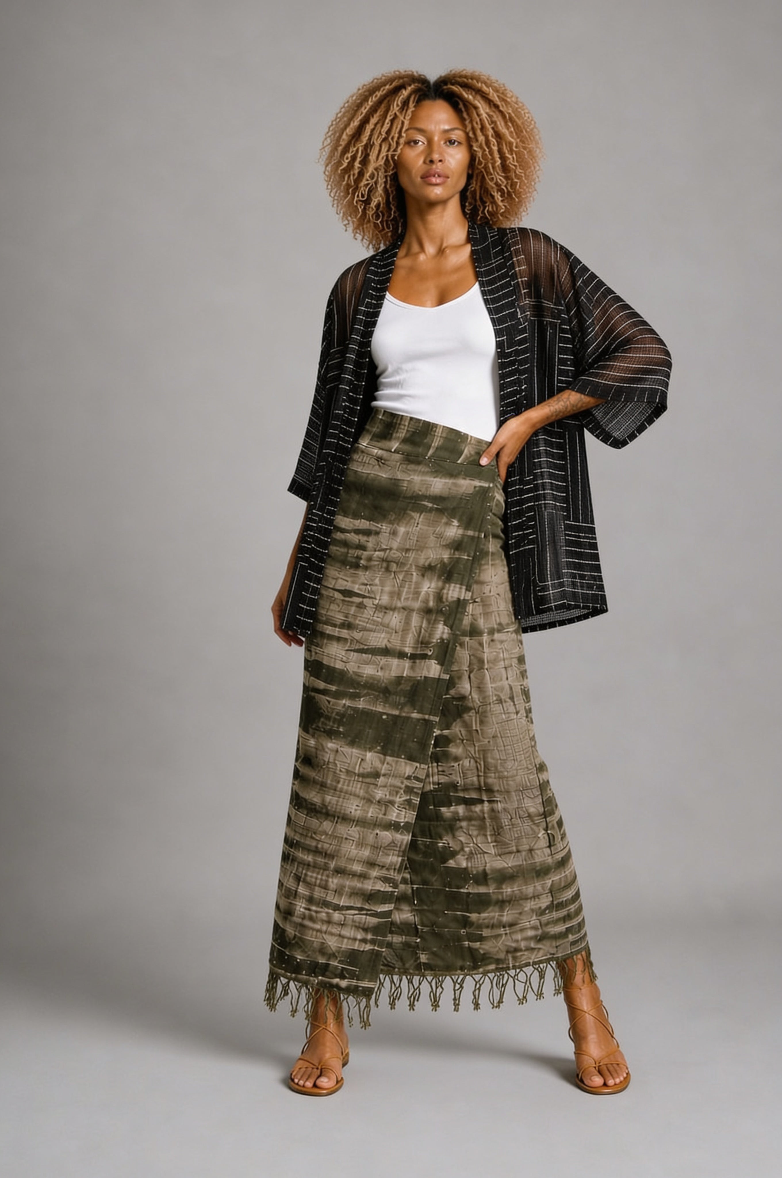 CLRS Woman - Hand Dyed Wrap Skirt with Fringe - High Waist Boho Maxi Skirt