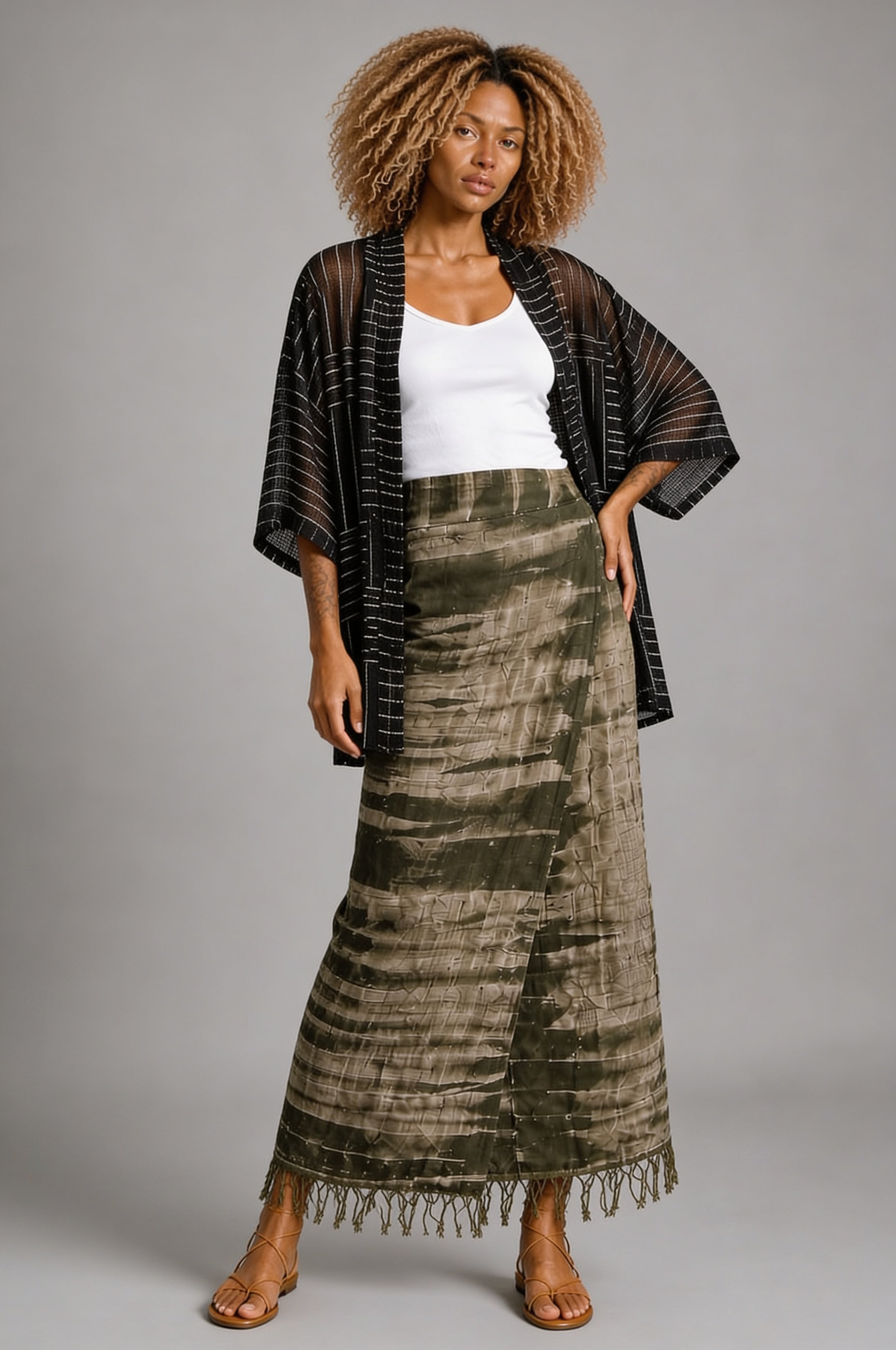 CLRS Woman - Hand Dyed Wrap Skirt with Fringe - High Waist Boho Maxi Skirt