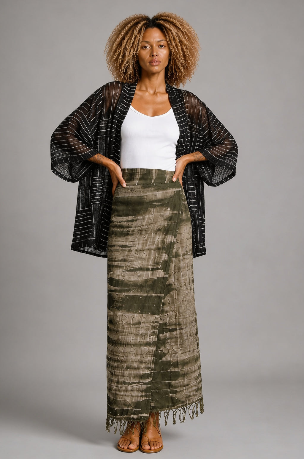 CLRS Woman - Sheer Block Print Kimono Jacket - Relaxed Mesh Layer