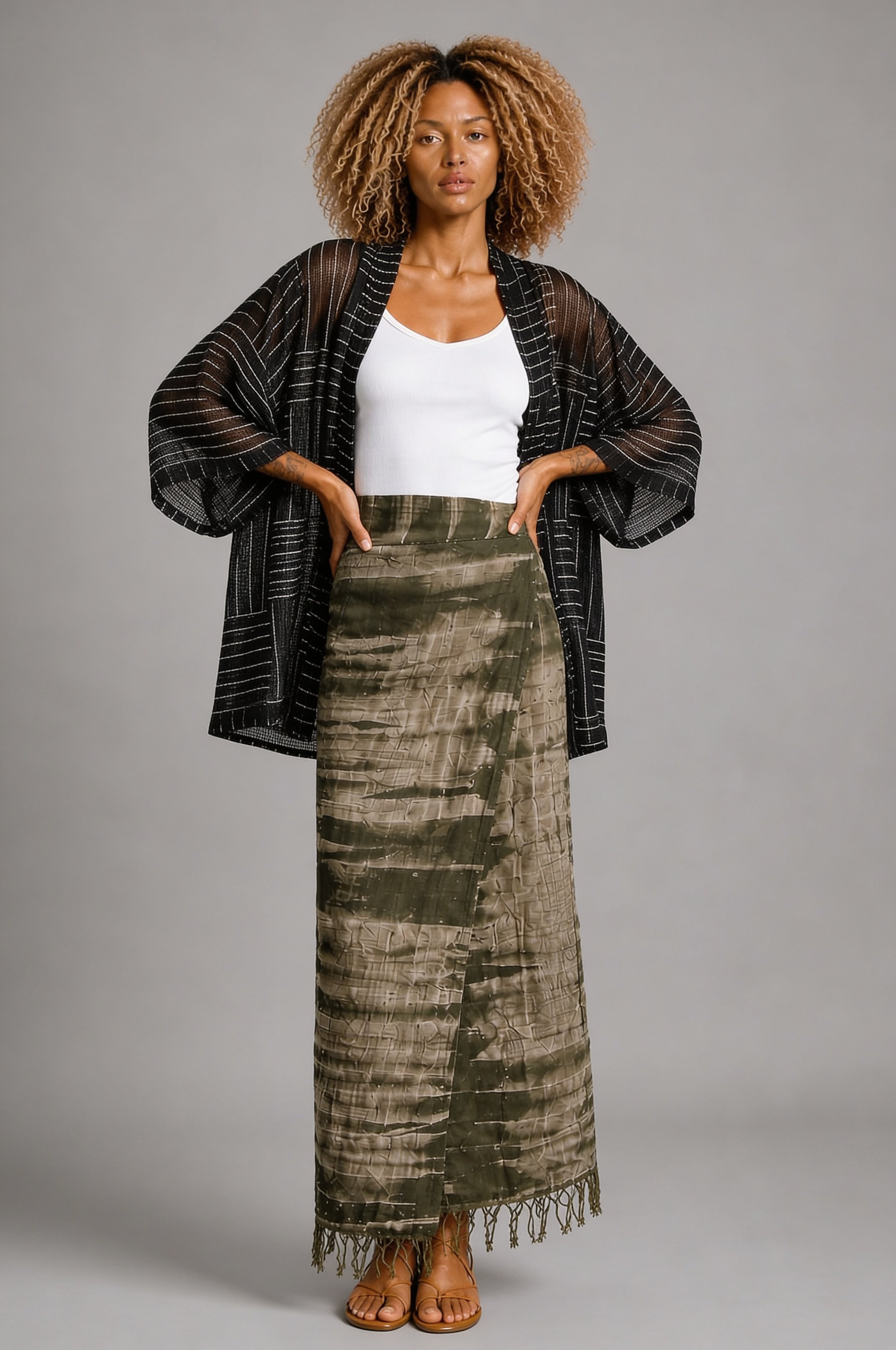 CLRS Woman - Sheer Block Print Kimono Jacket - Relaxed Mesh Layer