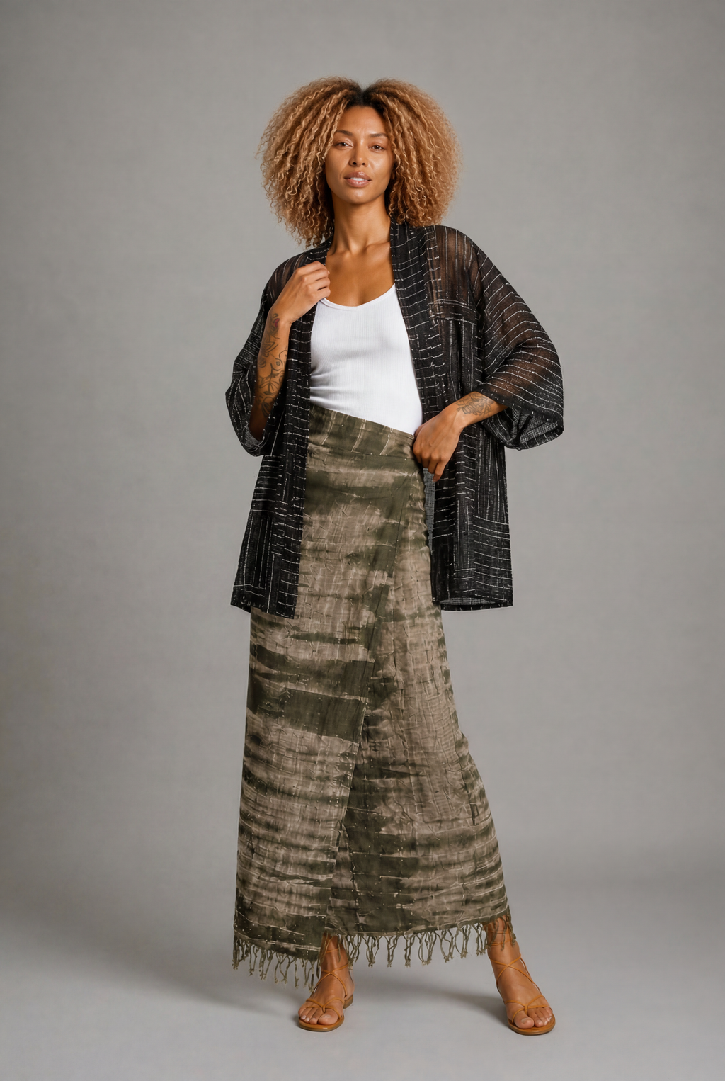 CLRS Woman - Sheer Block Print Kimono Jacket - Relaxed Mesh Layer