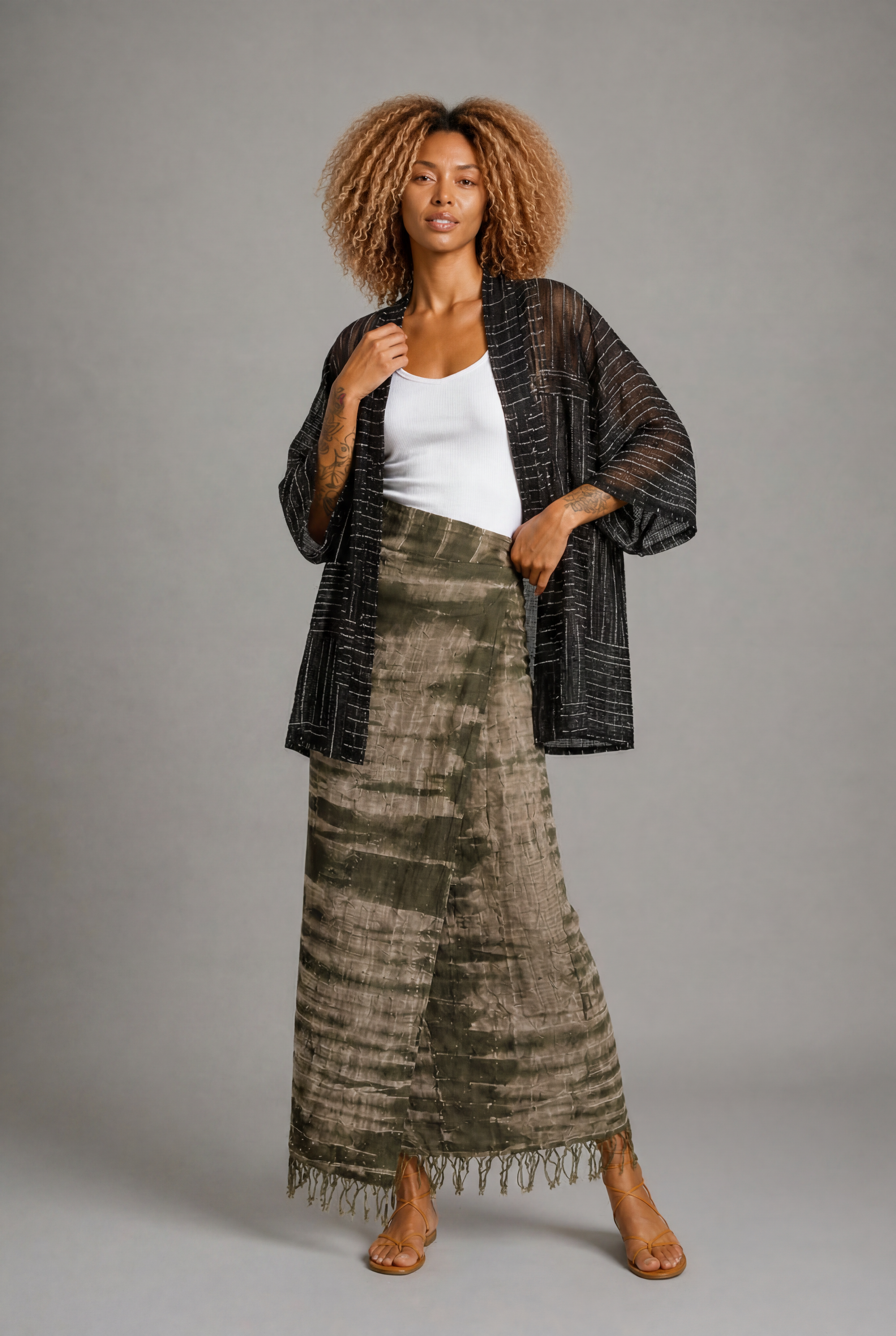 CLRS Woman - Sheer Block Print Kimono Jacket - Relaxed Mesh Layer