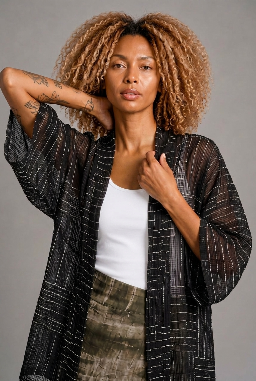 CLRS Woman - Sheer Block Print Kimono Jacket - Relaxed Mesh Layer