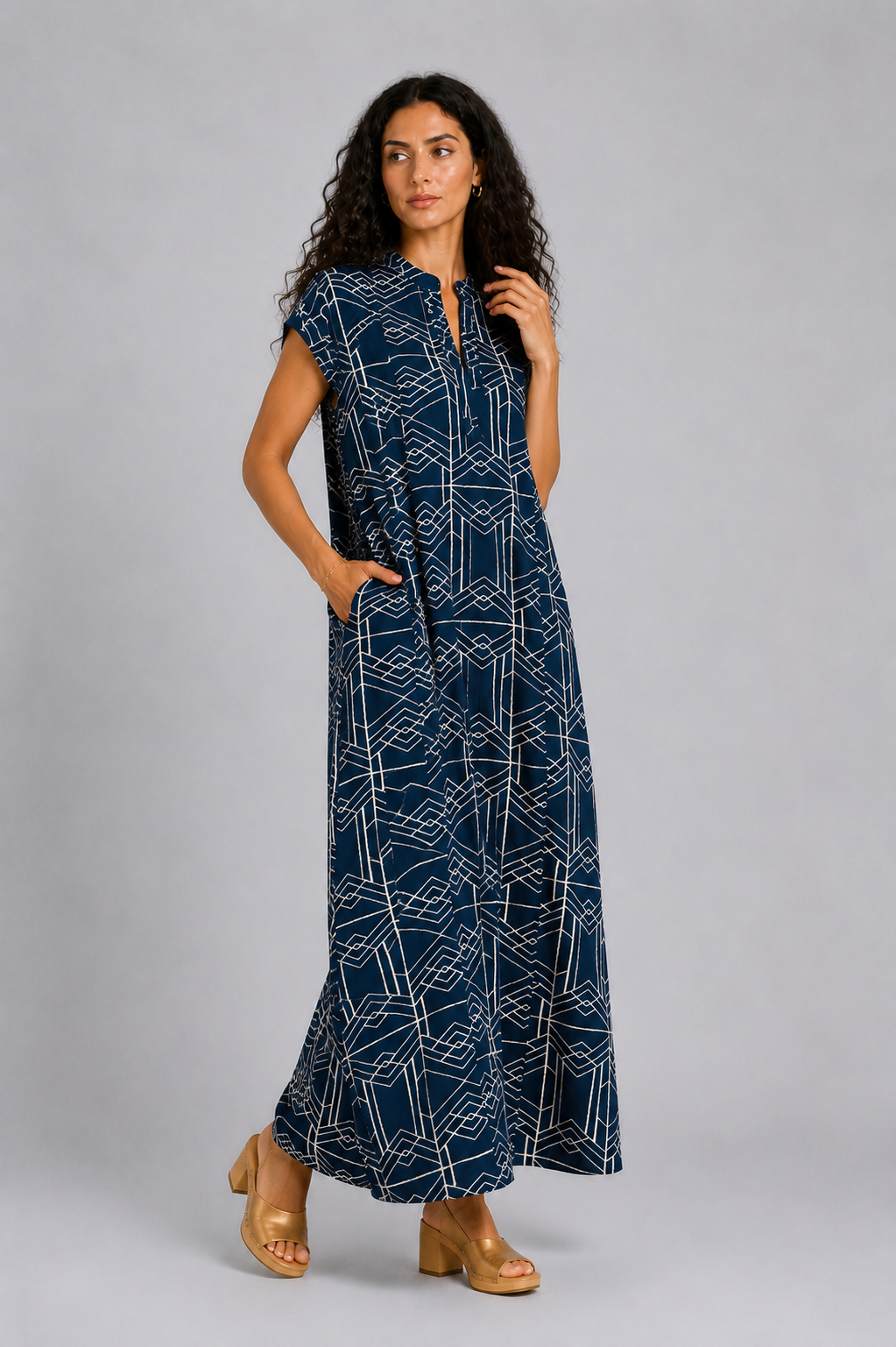 CLRS Woman - Tribal Print Maxi Dress - Minimal Boho Column Dress