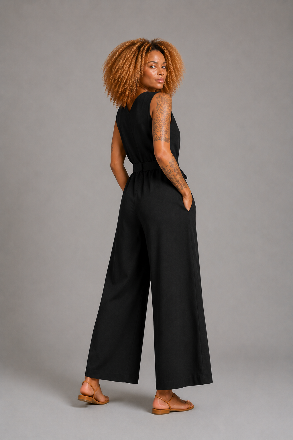 CLRS Woman - Wide Leg Jumpsuit - Minimal Sleeveless Belted One Piece