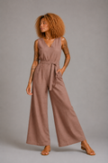 CLRS Woman - Wide Leg Jumpsuit - Minimal Sleeveless Belted One Piece