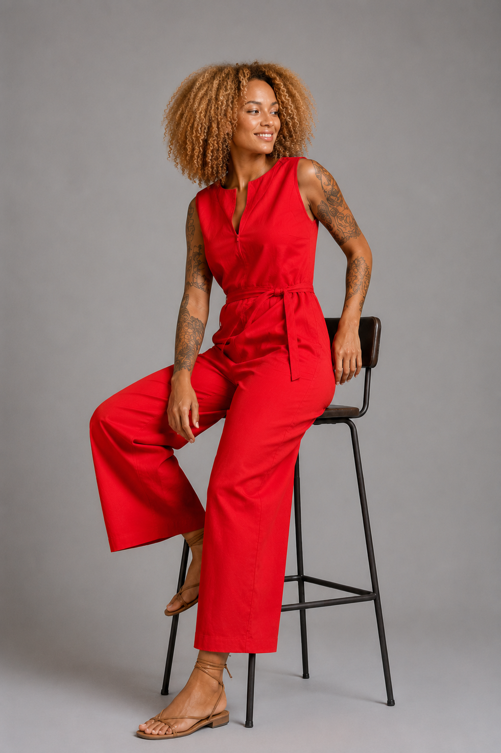 CLRS Woman - Wide Leg Jumpsuit - Minimal Sleeveless Belted One Piece