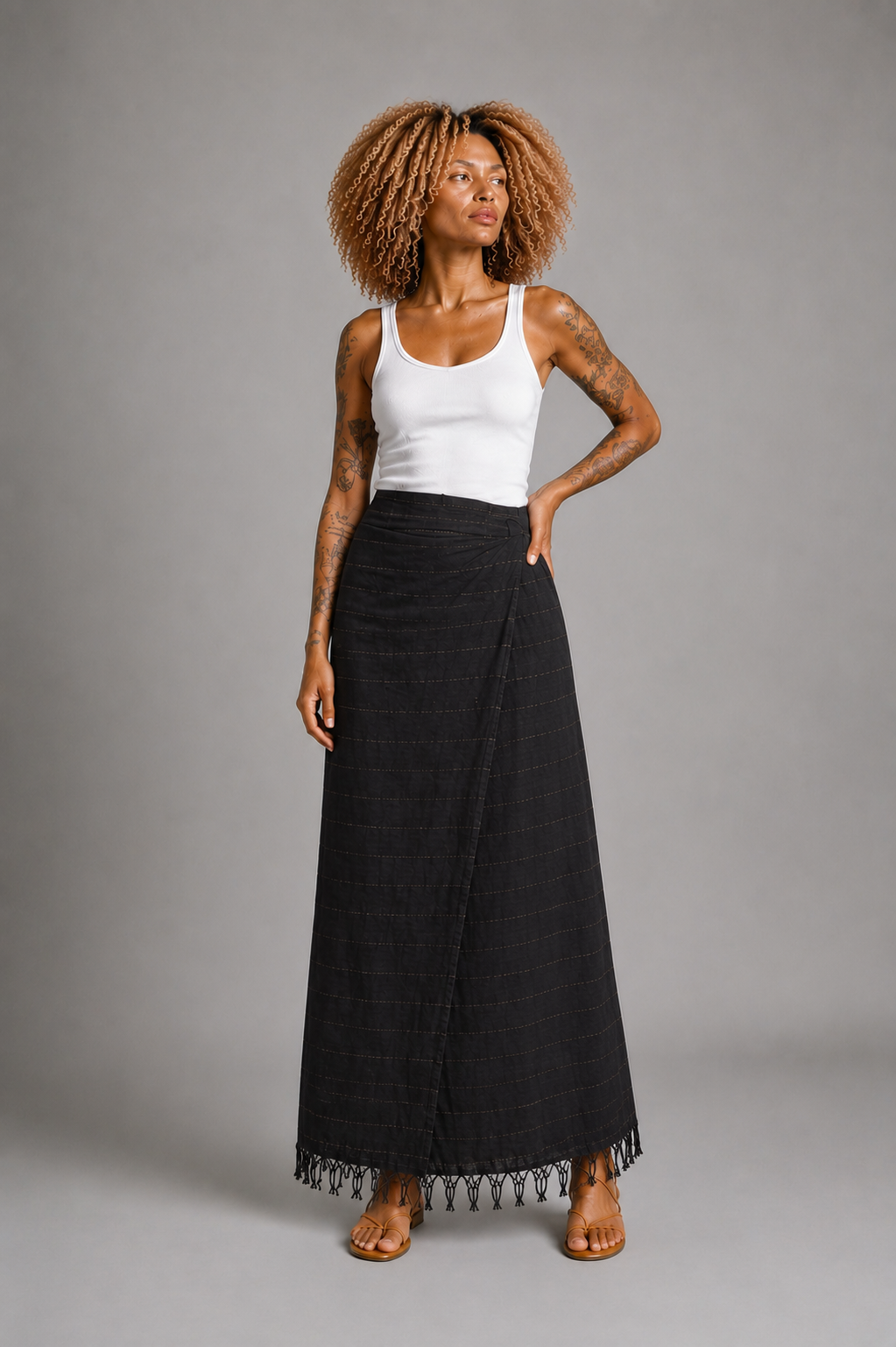 CLRS Woman - Hand Dyed Wrap Skirt with Fringe - High Waist Boho Maxi Skirt
