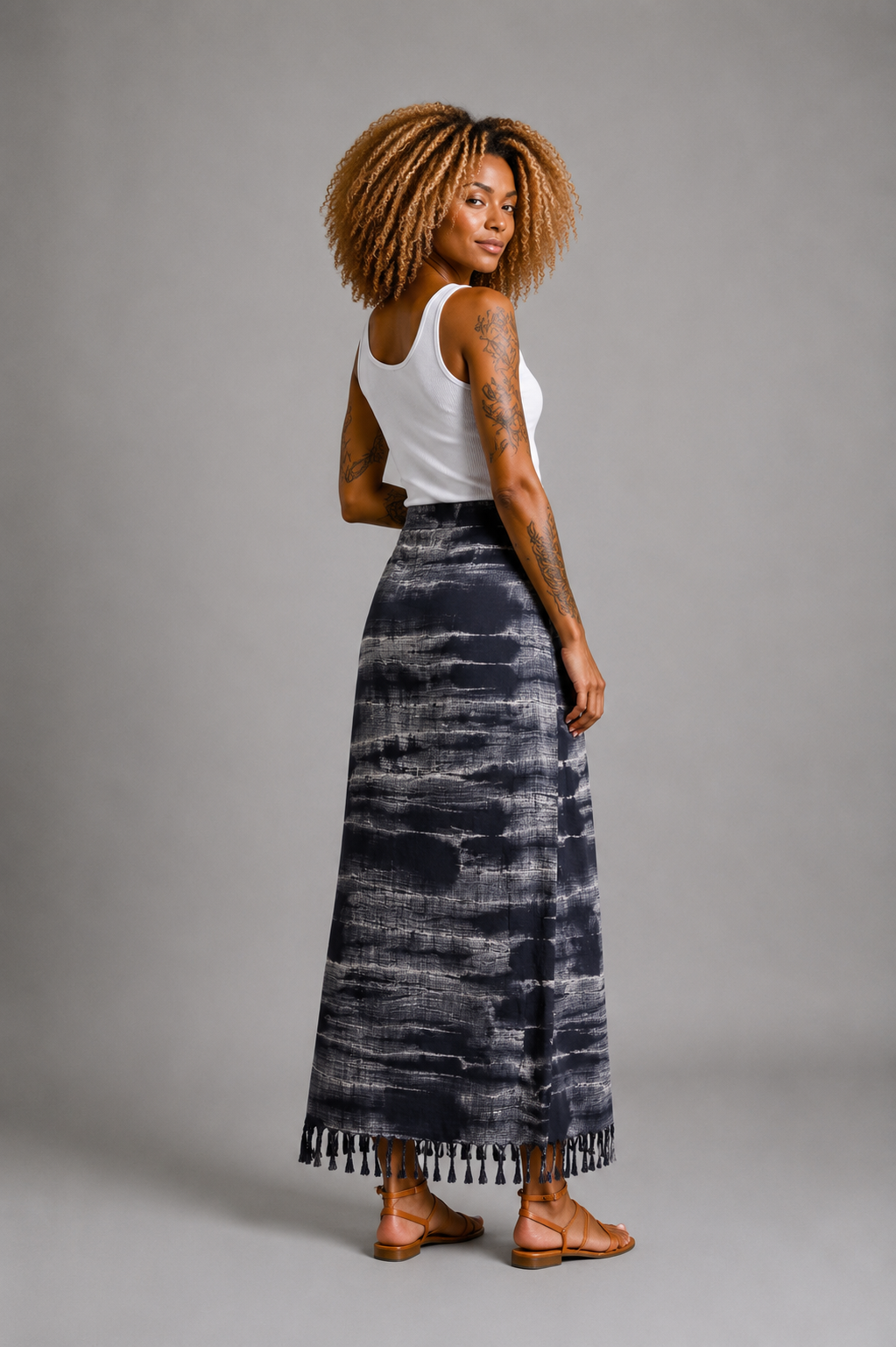 CLRS Woman - Hand Dyed Wrap Skirt with Fringe - High Waist Boho Maxi Skirt