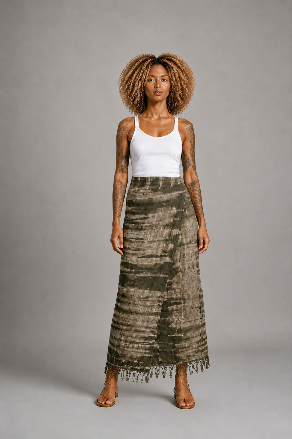 CLRS Woman - Hand Dyed Wrap Skirt with Fringe - High Waist Boho Maxi Skirt