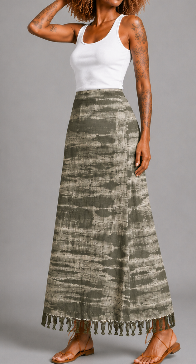 CLRS Woman - Hand Dyed Wrap Skirt with Fringe - High Waist Boho Maxi Skirt