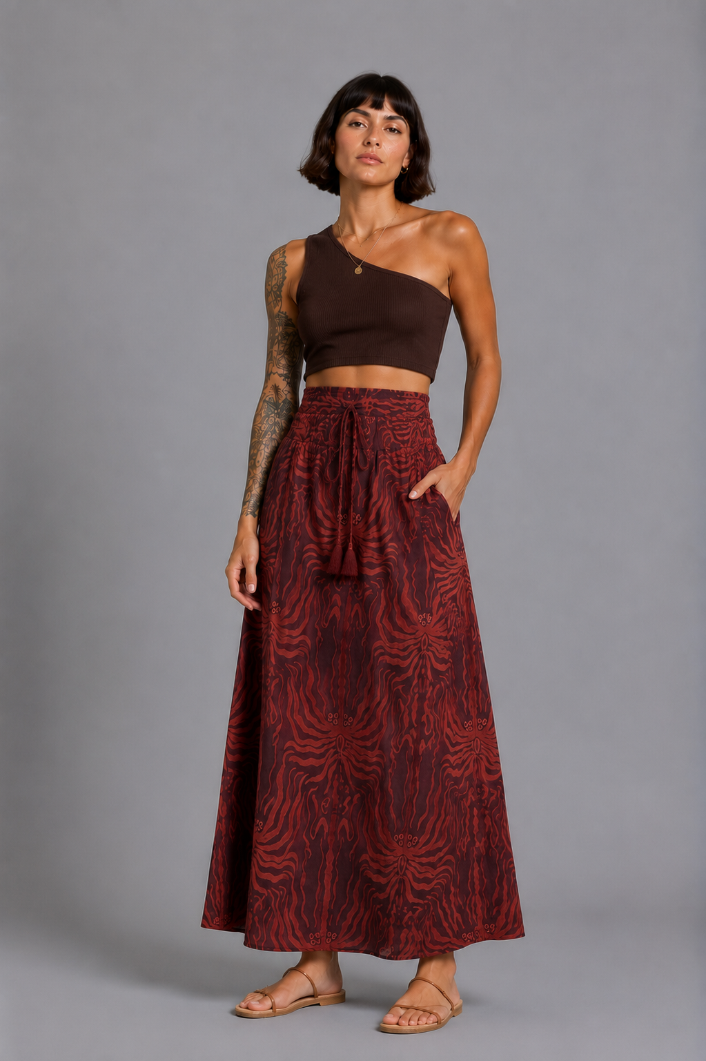 CLRS Woman - Lycra Satin Maxi Skirt - Fluid High Waist Skirt with POCKETS