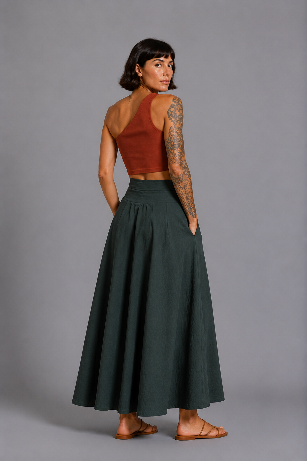 CLRS Woman - Lycra Satin Maxi Skirt - Fluid High Waist Skirt with POCKETS