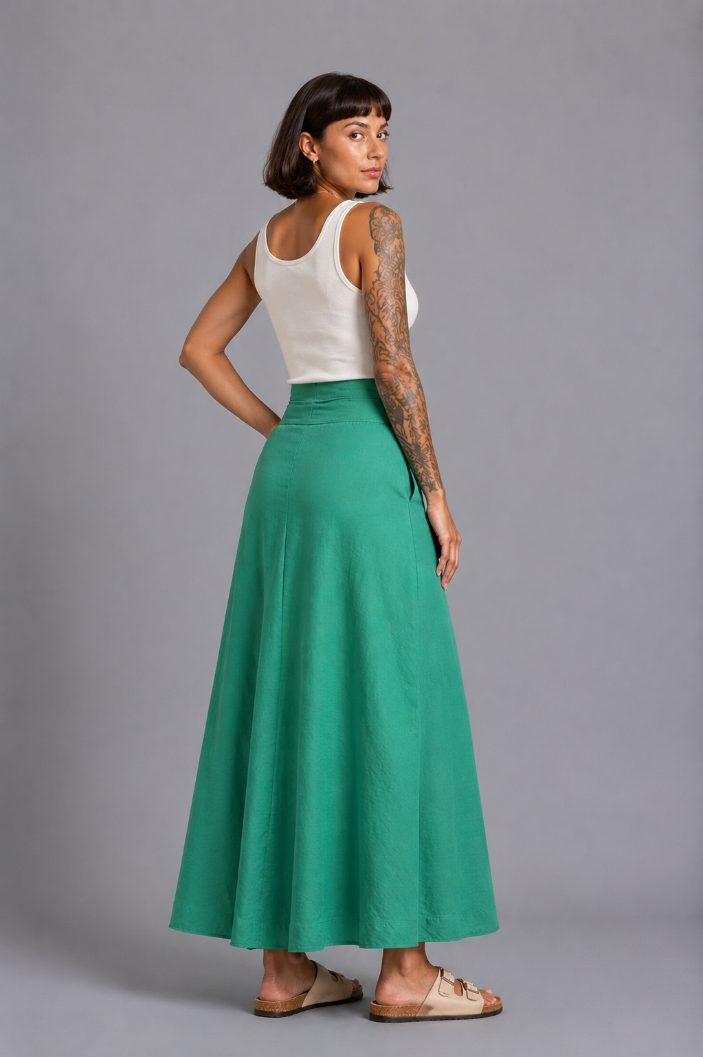 CLRS Woman - Lycra Satin Maxi Skirt - Fluid High Waist Skirt with POCKETS